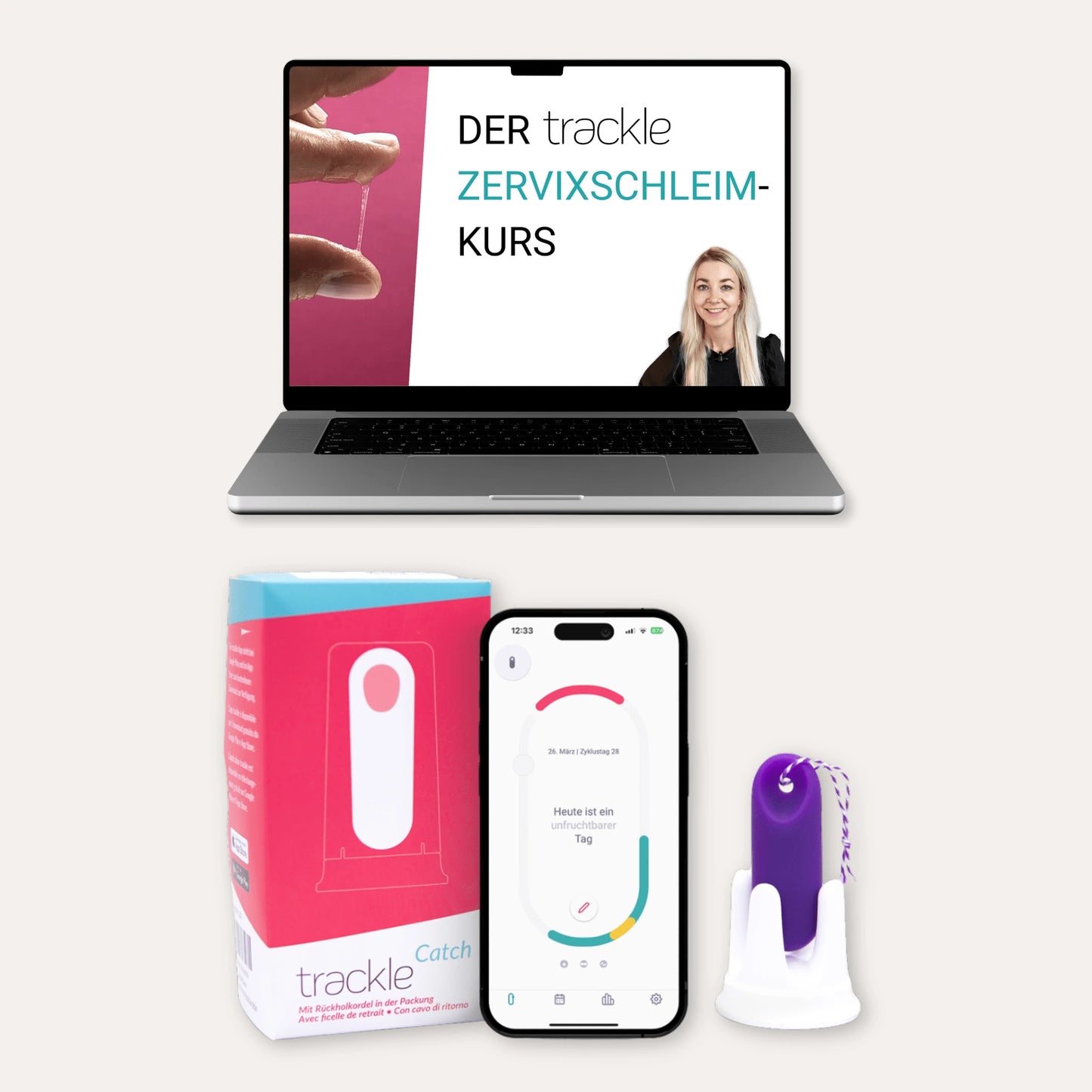 Das trackle Newbie Bundle für Einsteiger: Ein Laptop zeigt den digitalen 'trackle Zervixschleim-Kurs'. Darunter ist die rosa-blaue trackleCatch Verpackung, ein Smartphone mit der geöffneten trackle App (Anzeige eines unfruchtbaren Tages) und der lila trackleCatch in seiner weißen Halterung zu sehen.