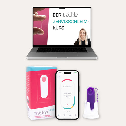 Das trackle Newbie Bundle für Einsteiger: Ein Laptop zeigt den digitalen 'trackle Zervixschleim-Kurs'. Darunter ist die rosa-blaue trackleCatch Verpackung, ein Smartphone mit der geöffneten trackle App (Anzeige eines unfruchtbaren Tages) und der lila trackleCatch in seiner weißen Halterung zu sehen.