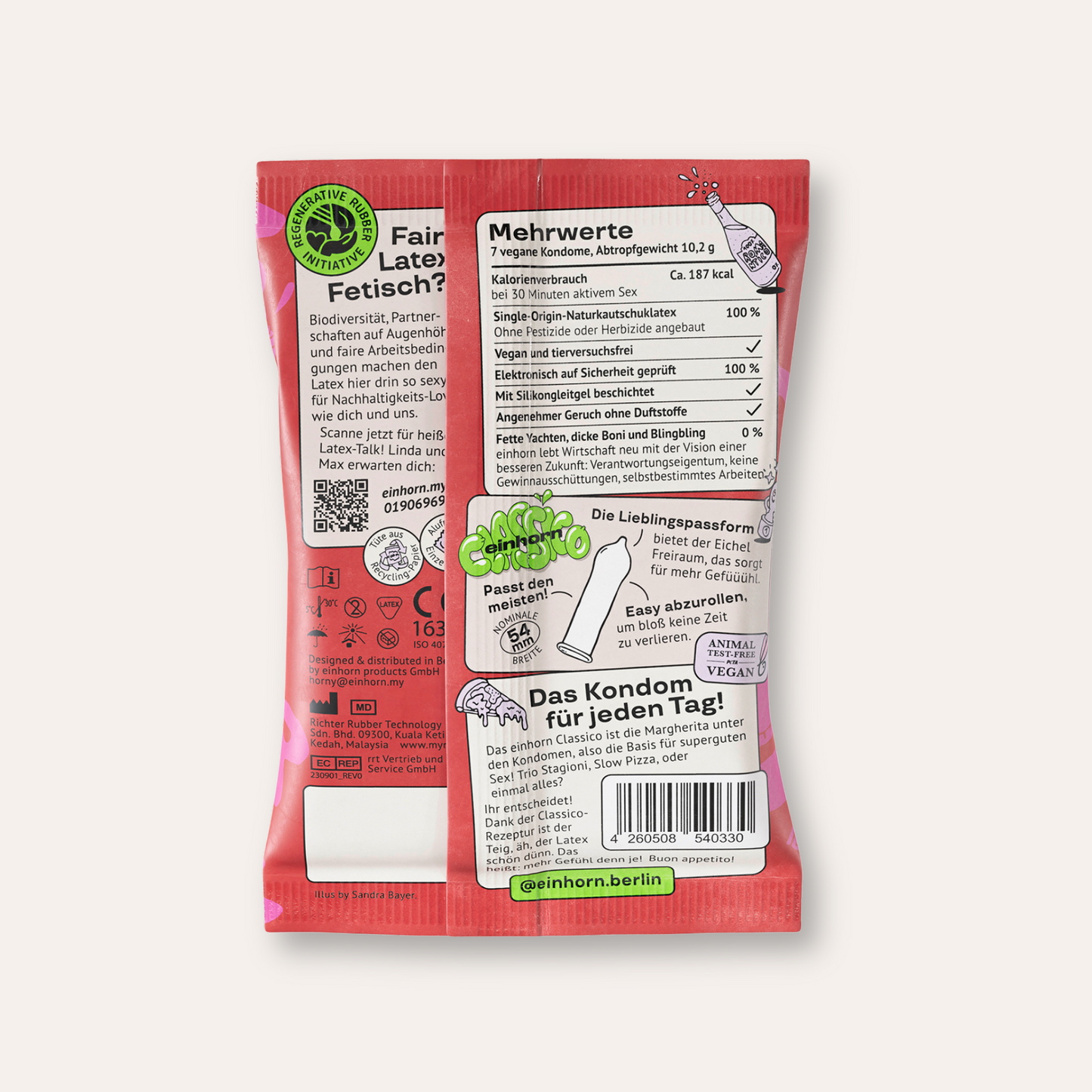 Rückseite der roten einhorn Kondomverpackung. Enthält eine 'Mehrwerte'-Tabelle (7 vegane Kondome, Naturkautschuklatex, tierversuchsfrei) und technische Details. Mittig ist eine Illustration eines Kondoms mit dem Hinweis 'Passt den meisten!' und der Angabe zur nominalen Breite (54 mm). Unten rechts befindet sich der Barcode.
