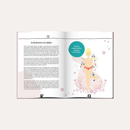 Detaillierter Sachtext (S. 8/9) zur Funktionsweise des weiblichen Zyklus. Erklärt werden die Follikelphase und die Lutealphase sowie der Einfluss der Hormone FSH und LH auf den Eisprung. Rechts eine Illustration einer Frau mit dem Text 'Du bist wunderschön, genauso wie du bist'.