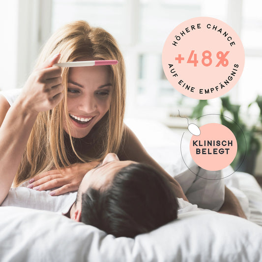 Ein glückliches Paar liegt im Bett. Die Frau hält lächelnd einen positiven Schwangerschaftstest in die Kamera. Oben rechts ist ein rosa Badge mit der Aufschrift 'HÖHERE CHANCE +48% AUF EINE EMPFÄNGNIS' zu sehen. Darunter befindet sich ein weiteres rosa Siegel mit dem Text 'KLINISCH BELEGT', begleitet von einer kleinen Spermien-Illustration. Das Bild symbolisiert den klinisch bestätigten Erfolg bei der Familienplanung.