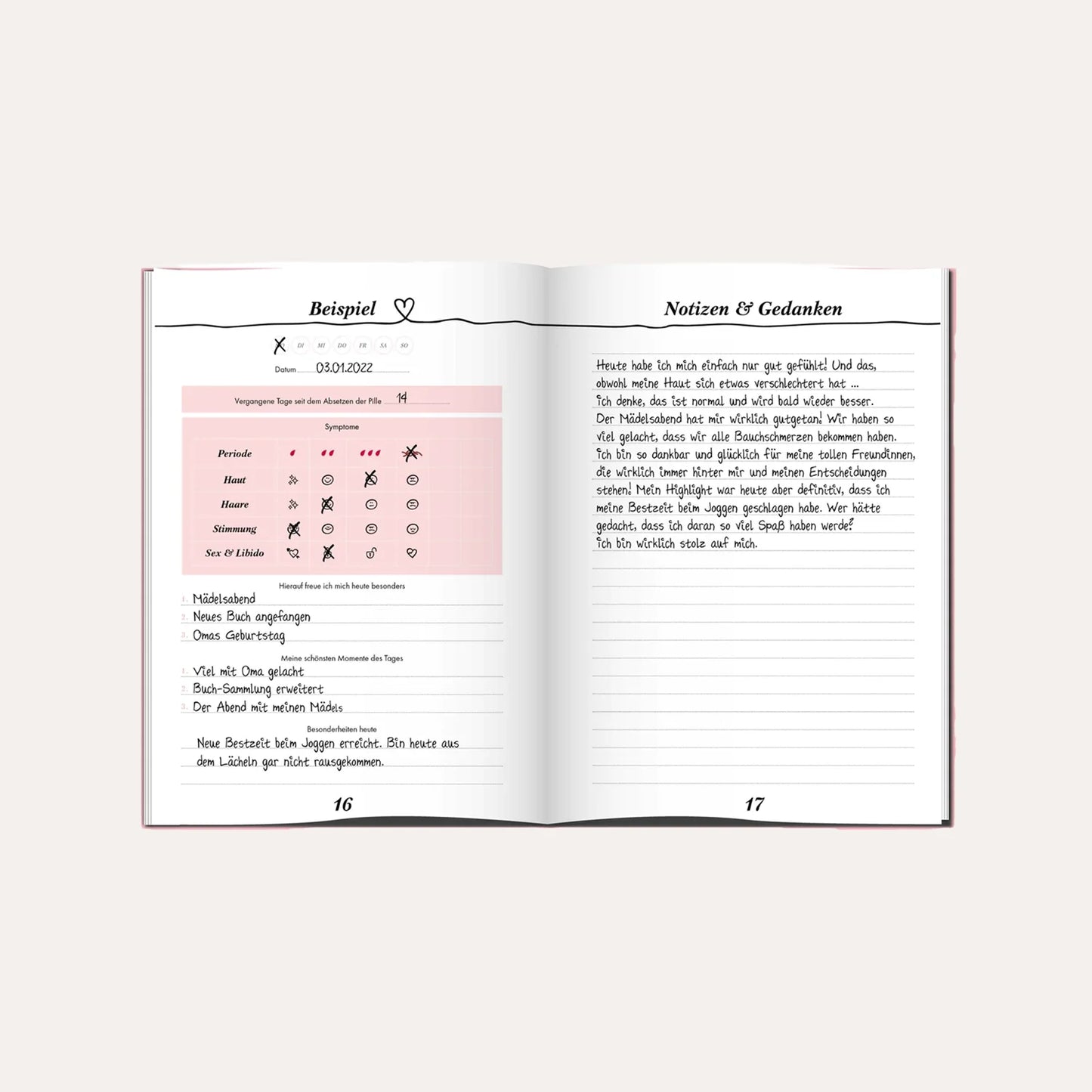 Geöffnete Beispielseite des Tagebuchs (S. 16/17) mit einem ausgefüllten Symptom-Tracker. Erfasst werden Periode, Hautzustand, Haare, Stimmung sowie Sex & Libido. Die rechte Seite bietet Platz für Notizen und Gedanken mit einem beispielhaften Tagebucheintrag über persönliches Wohlbefinden und Sport.
