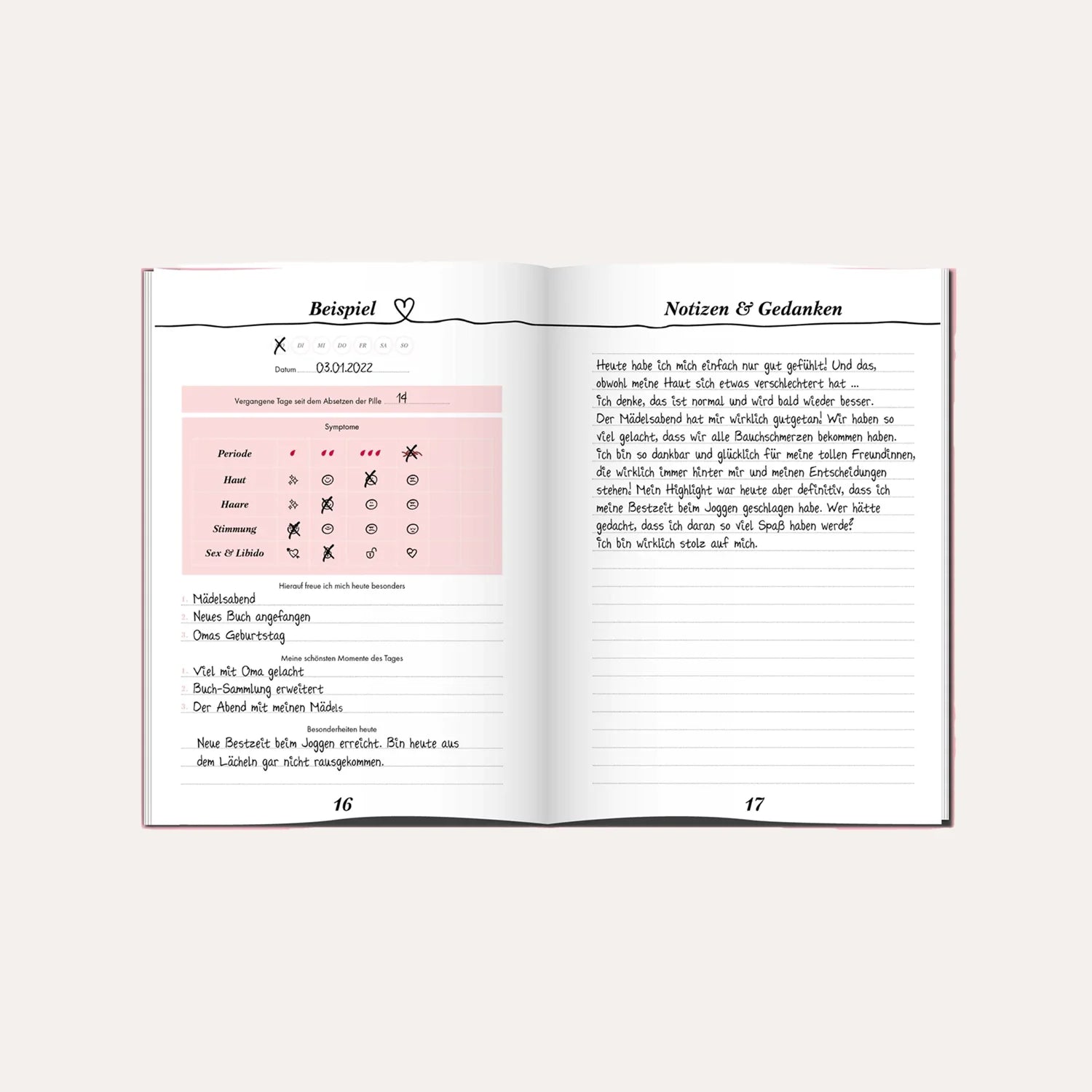 Geöffnete Beispielseite des Tagebuchs (S. 16/17) mit einem ausgefüllten Symptom-Tracker. Erfasst werden Periode, Hautzustand, Haare, Stimmung sowie Sex & Libido. Die rechte Seite bietet Platz für Notizen und Gedanken mit einem beispielhaften Tagebucheintrag über persönliches Wohlbefinden und Sport.