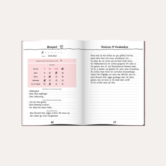 Geöffnete Beispielseite des Tagebuchs (S. 16/17) mit einem ausgefüllten Symptom-Tracker. Erfasst werden Periode, Hautzustand, Haare, Stimmung sowie Sex & Libido. Die rechte Seite bietet Platz für Notizen und Gedanken mit einem beispielhaften Tagebucheintrag über persönliches Wohlbefinden und Sport.