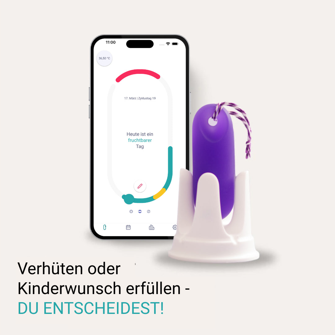 Infografik von trackle mit dem Titel 'Verhüten oder Kinderwunsch erfüllen – DU ENTSCHEIDEST!'. Ein Smartphone zeigt die trackle App mit der Statusmeldung: 'Heute ist ein fruchtbarer Tag' und der Basaltemperatur 36,50 °C. Rechts daneben steht der lila trackleCatch in seiner weißen Halterung. Das Bild symbolisiert die flexible Nutzung des symptothermalen Zykluscomputers.