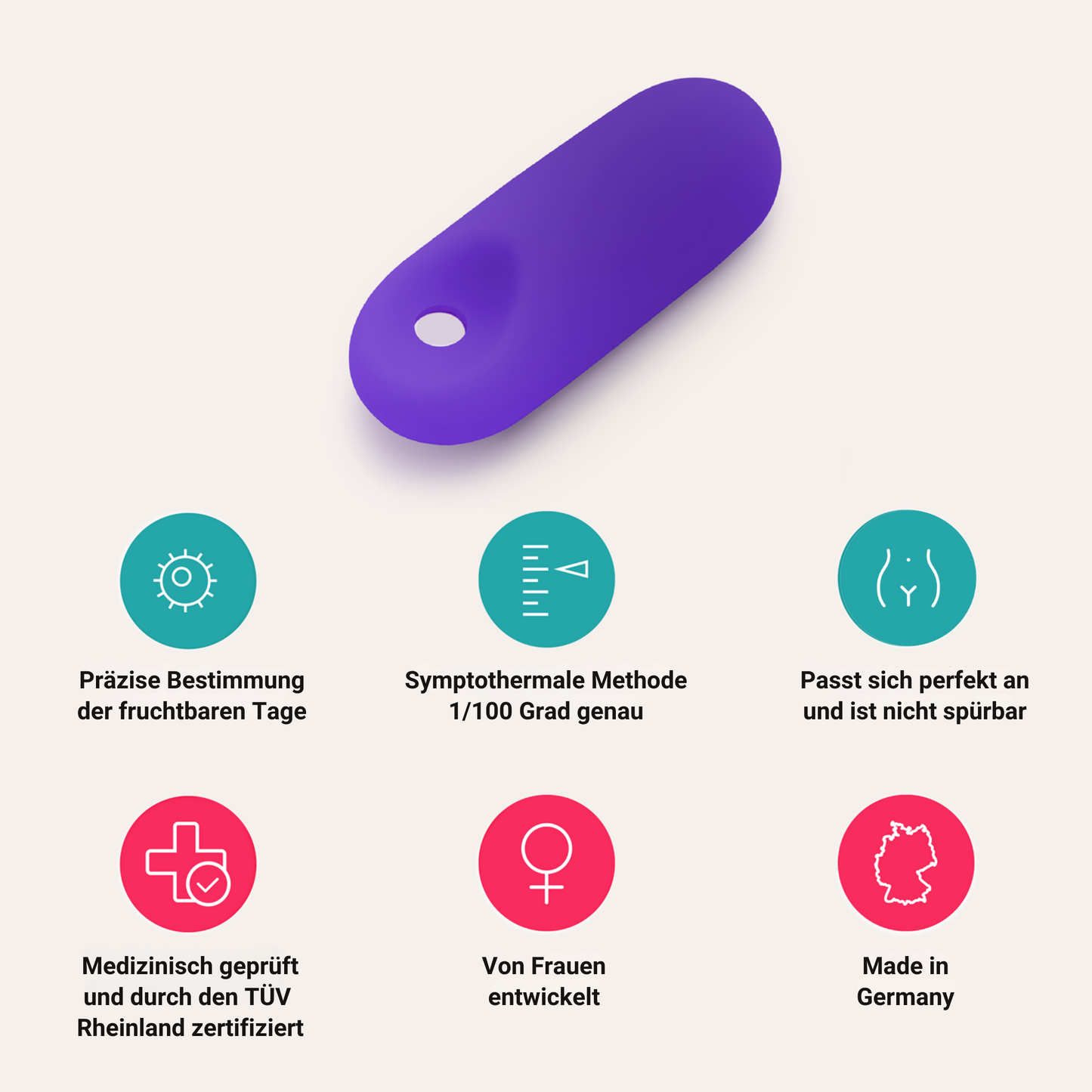 Infografik der trackle Features: Oben ist der lila trackleCatch abgebildet. Darunter folgen sechs Icons mit Beschreibungen: Präzise Bestimmung der fruchtbaren Tage, symptothermale Methode mit 1/100 Grad Genauigkeit, perfekter Tragekomfort, medizinisch geprüft und TÜV Rheinland zertifiziert, von Frauen entwickelt sowie Made in Germany.