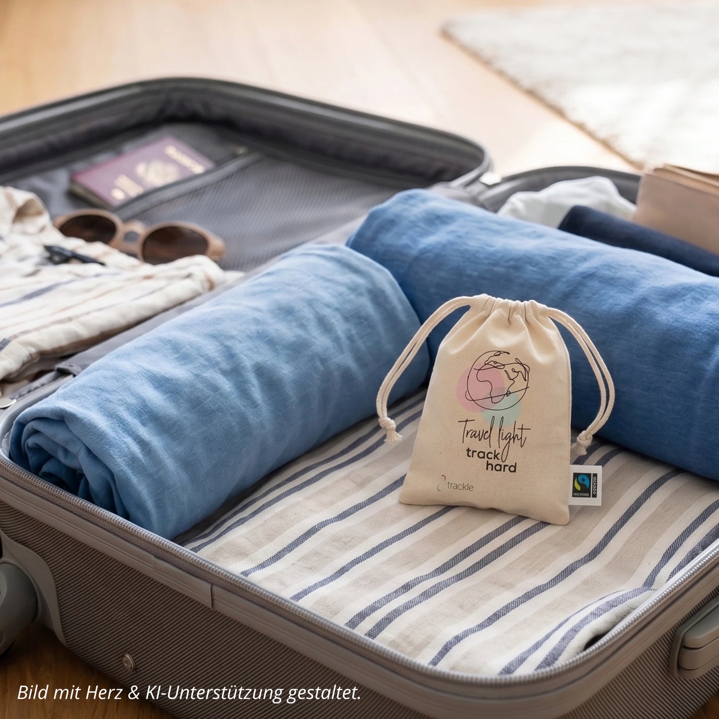 Geöffneter Reisekoffer mit gepackter Kleidung, in dem der beige „trackle“-Reisebeutel mit Kordelzug obenauf liegt.