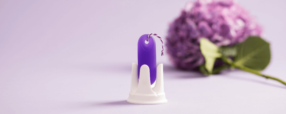 Lifestyle-Bild: Der lila trackleCatch Sensor steht in seiner weißen Halterung vor einem zartlila Hintergrund. Im rechten Bereich liegt eine lila Hortensienblüte im weichen Fokus. Ein harmonisches und ästhetisches Banner für die Website.