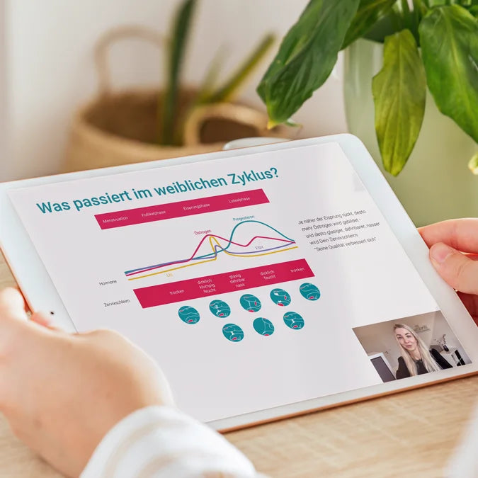 Ein Tablet zeigt eine Infografik zum weiblichen Zyklus mit dem Titel 'Was passiert im weiblichen Zyklus?'. Zu sehen ist ein Diagramm der Hormone Östrogen, Progesteron, LH und FSH sowie die Veränderung des Zervixschleims in den verschiedenen Phasen (Menstruation, Follikelphase, Eisprung, Lutealphase).
